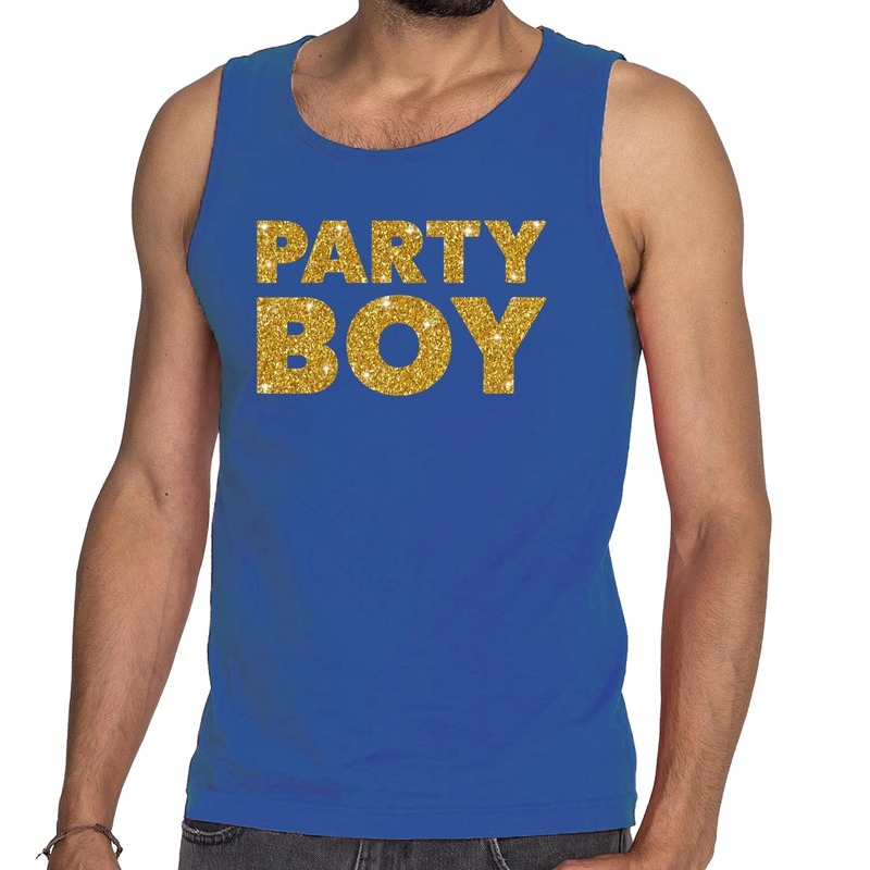 Party Boy glitter tekst tanktop / mouwloos shirt blauw heren - heren singlet Party Boy Top Merken Winkel